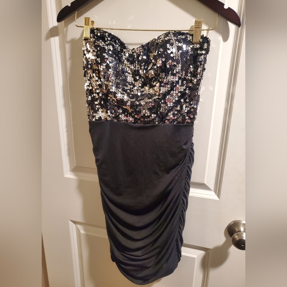 Black strapless dress with silver and black sequins, size 7, New, Moving Sale